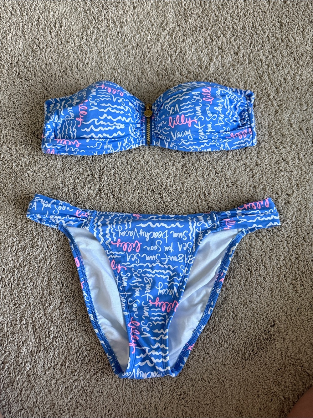 Lilly Pulitzer Blue Script Bandeau Bikini with Pink Accents - Picture 3 of 8